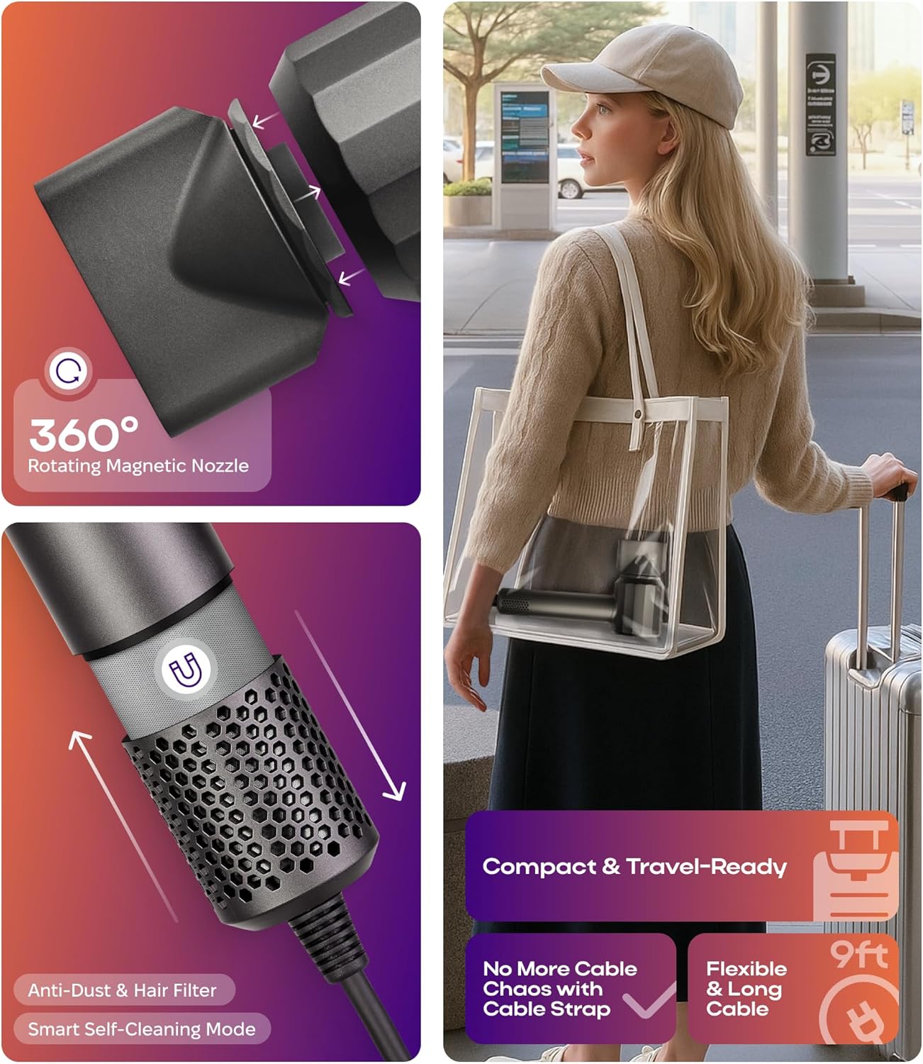 Ionic Hair Dryer Premium Quality, High-Speed Professional Brushless Motor 110,000 RPM, 1600W Power, 9 ft Long Cord and Magnetic Nozzle, Lightweight Blow Dryer, Ultra Quiet Fast Drying (Gray)