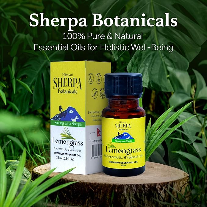 Lemongrass Essential Oil by Sherpa Botanicals - 100% Pure & Natural Oils - Ideal for Aromatherapy, Diffusers, Home Fragrance -Uplifting Citrusy Aroma for Wellness Practices - Vegan, Paraben-Free, 15mL