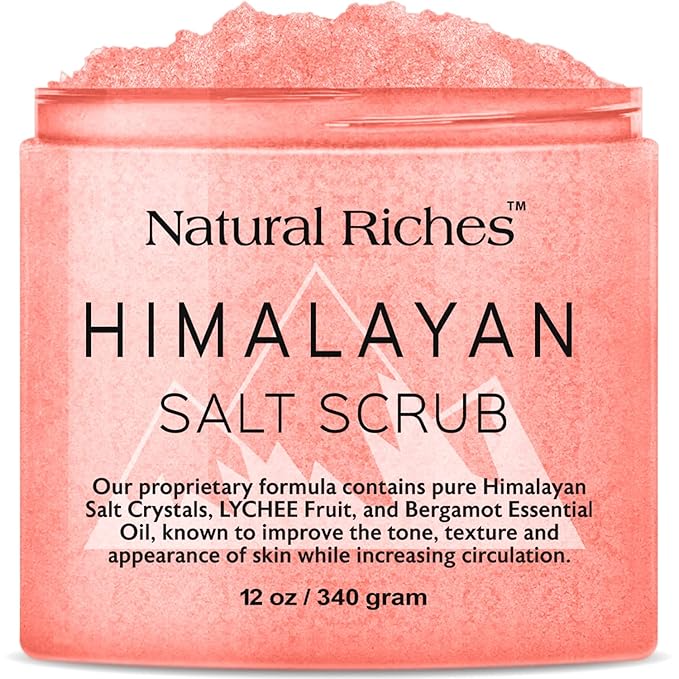 Natural Riches Himalayan Salt Exfoliating Body Scrub Lychee Bergamot Essential oil with Vitamin C - (12 Oz / 340 gm) Moisturize Deep Cleansing foot scrub body skin exfoliator