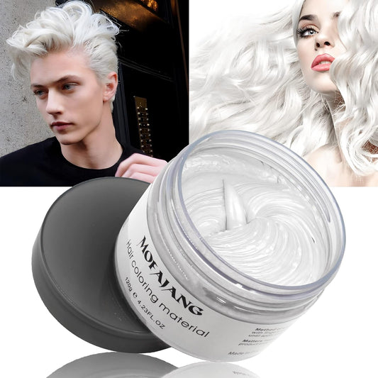 VOLLUCK White Hair Color Wax Pomades 4.23 oz - Natural Hair Coloring Wax Material Disposable Hair Styling Clays Ash for Cosplay, Party (White)