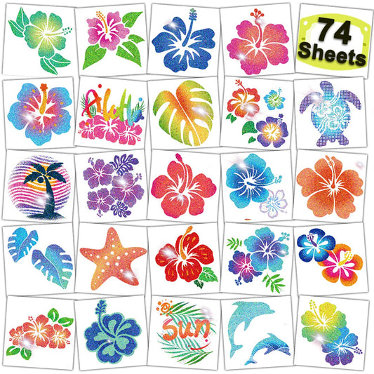 Glitter Hibiscus Temporary Tattoos for Aloha Party Decoration - 74 Individually Sheets Glitter Hawaii Flower Tattoos for Kids Women Hawaiian Party Favors