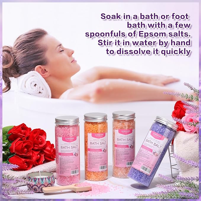 Bath Salt 4 Pack Kit 56 OZ Himalayan Pink Salt Foot Soak Lavender Orange Rose Scent Tea Tree Oil Epsom Salt Bubble Bath for Women Dead Sea Salt Moisturizing Skin Softens Calluses