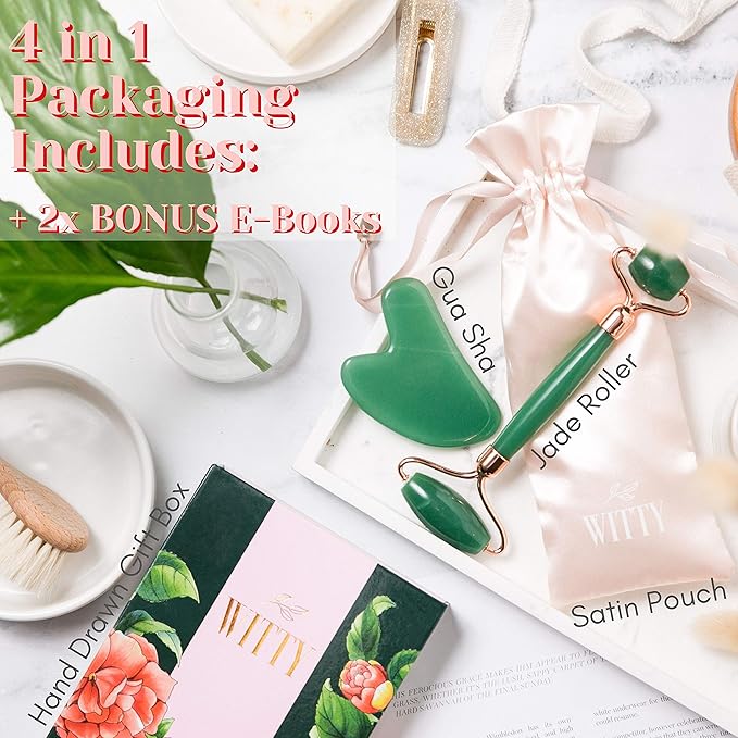 WITTY Jade Face Roller and Gua Sha Set in Hand-Drawn Giftbox - Gua Sha Stone, Face Massager Roller, Beauty Massage Face Scraper Tools - Guasha Tool for Face Roller Skin Care, Eyes, Neck - Extra Pouch