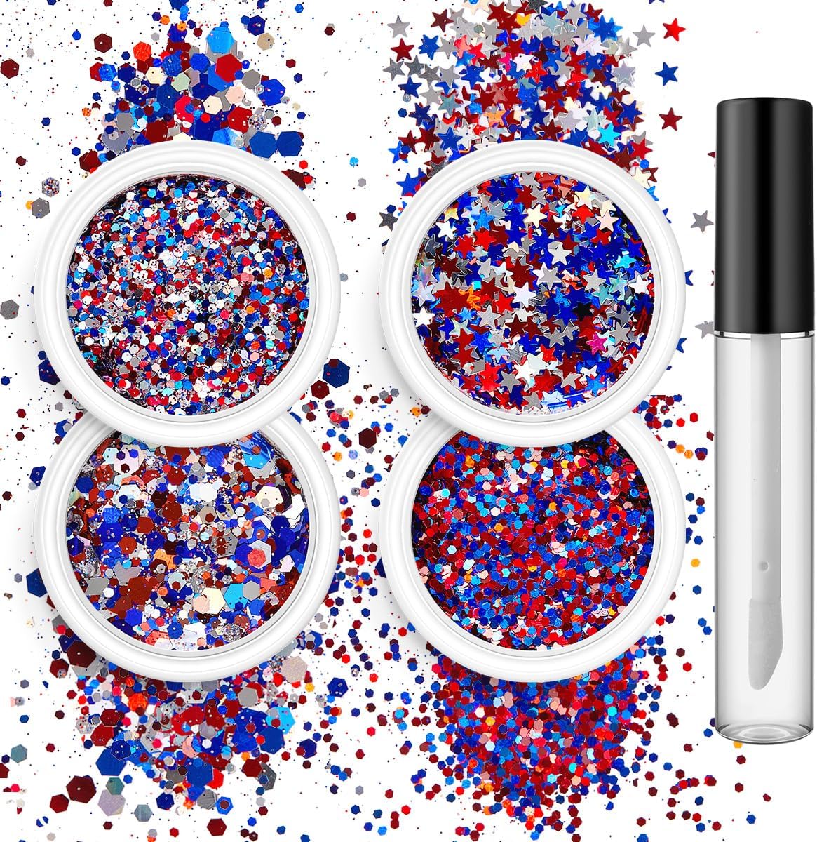 Red White and Blue Body Glitter Set - 4th of July Outfit Accessories for Women & Kids, USA Flag Face Glitter with Glue, 4 Jars Holographic Chunky Patriotic Hair Glitter Sequins for Independence Day