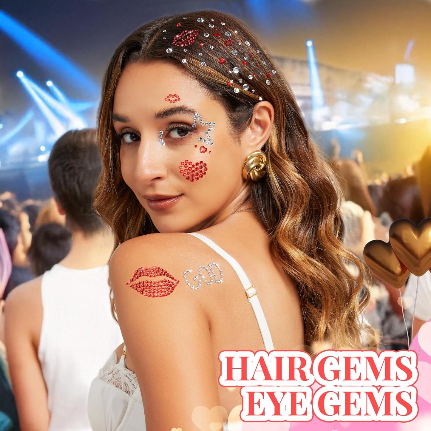 YGDZ Face Gems Self-Adhesive Face Jewels Stickers, Red Lip Hair Gems, Festival Kiss Jewels, Face Rhinestone Stickers for Makeup, Eye, Hair, Body, Rave Accessories, Stick on Gems for Kids, Women