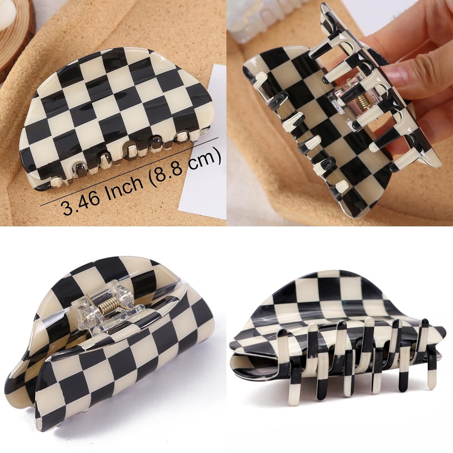 Checkered Hair Claw Clips, Acrylic Multicolored Semicircle Checker Barrettes for Women Ladies Medium Cute Non Slip Hair Jaw Clips Strong Hold Claw Clamps Hair Accessories for Thin Thick Hair (4 Pack)