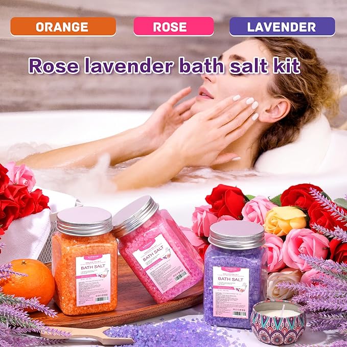 Bath Salt 3 Pack Kit Himalayan Pink Salt Foot Soak Lavender Orange Rose Scent Tea Tree Oil Epsom Salt Bubble Bath for Women Dead Sea Salt Moisturizing Skin Softens Calluses Mom Bath Sea Salt