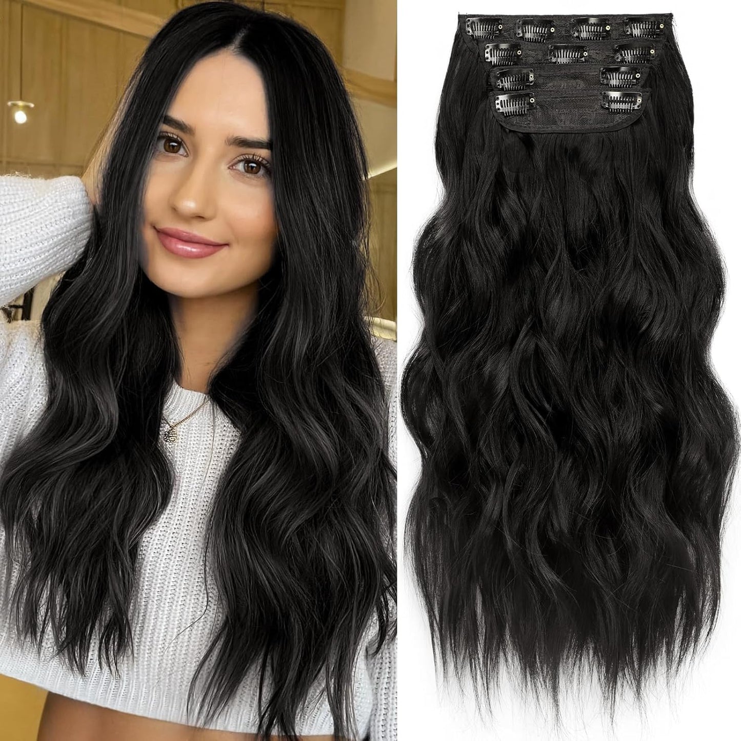 KooKaStyle Clip in Synthetic Hair Extensions Long Wavy 4PCS Thick Hairpieces Brunette Brown Fiber Double Weft Natural Hair Extensions 16 Inch for Women