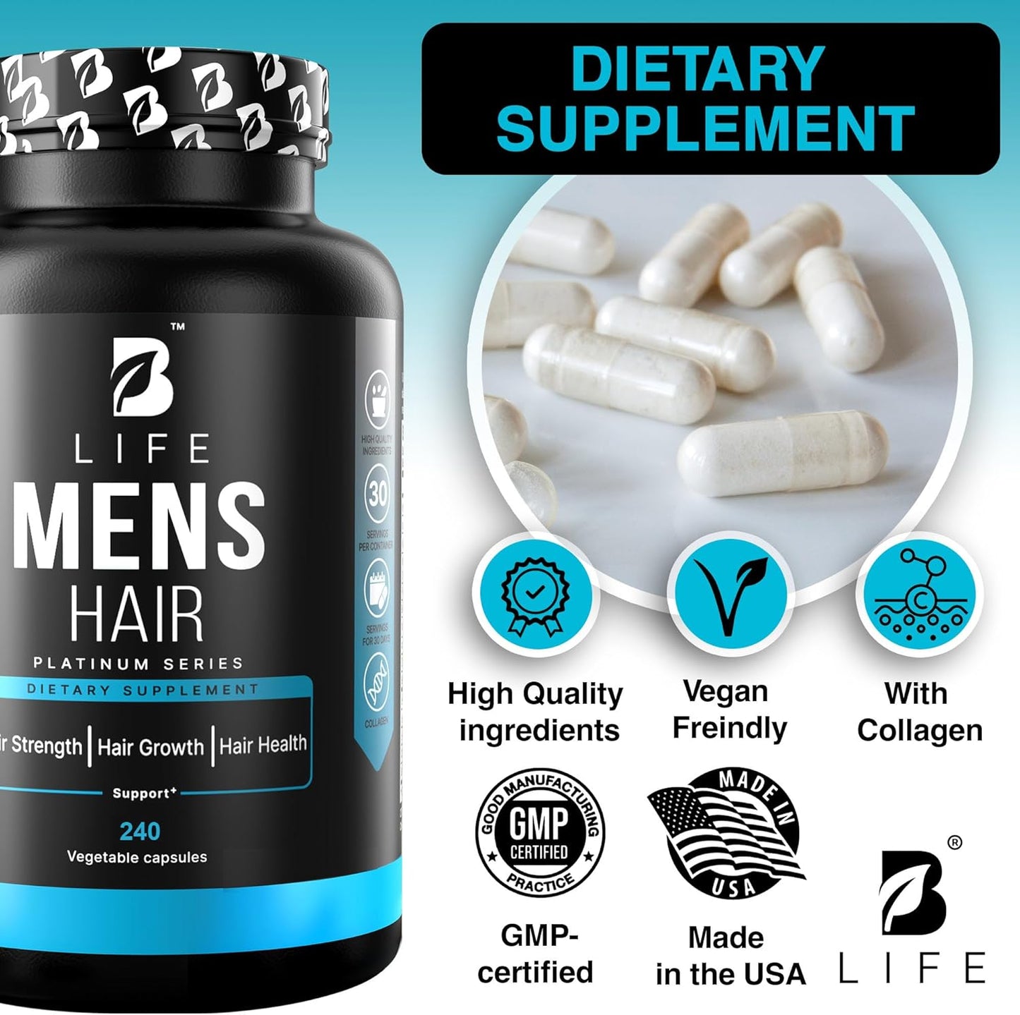 Men’s Hair Growth Supplement – Biotin & Collagen Hair Vitamins for Men – Thicker, Fuller Hair, Nail & Scalp Support – Hair Loss Supplement with Zinc, Selenium & Vitamins A C D E – 240 Capsules