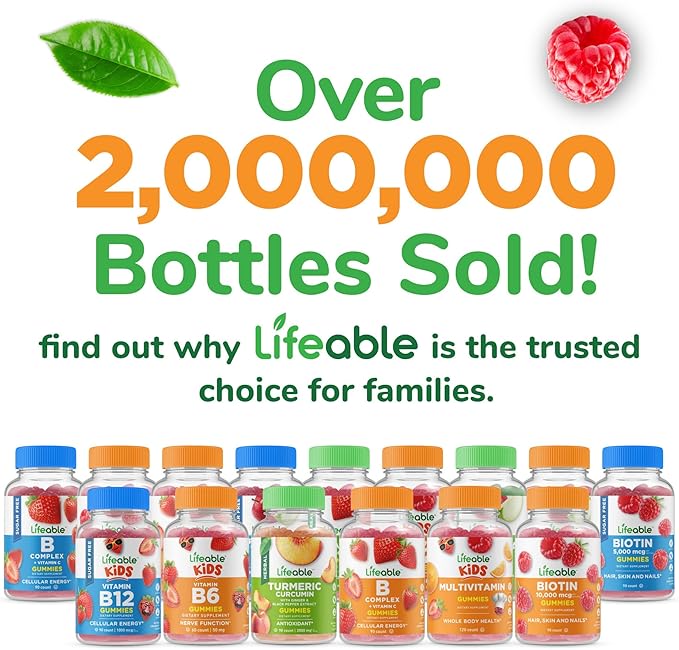 Lifeable Biotin Gummies | 10,000mcg | Great Tasting Hair Skin and Nails Gummies | GMO-Free Vegan Biotin Supplement | Hair Skin and Nails Vitamins for Women | 90 Gummies
