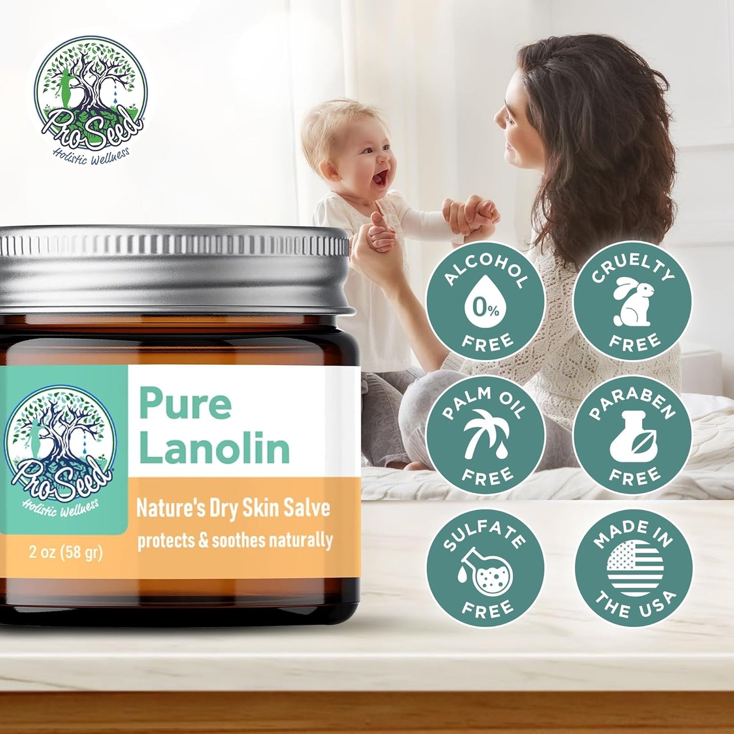 ProSeed Handmade Pure Lanolin Balm – US Pharmacopeia Grade for Moms, Babies & Skin Essentials – Single Ingredient Moisturizer for Dry, Sensitive Skin – Glass Jar, 2oz
