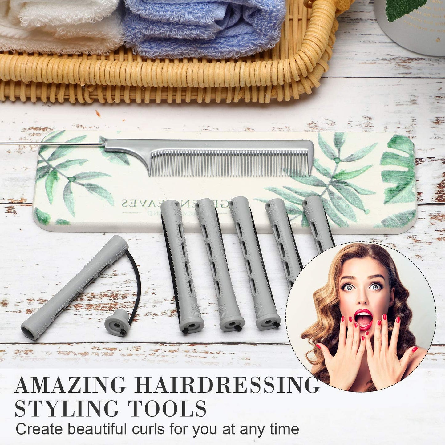 24 Pieces Hair Perm Rods Plastic Cold Wave Perming Curlers Hair Rollers with Steel Pintail Comb Rat Tail Comb Tools for Hairdressing Styling(Grey,0.59 Inches)