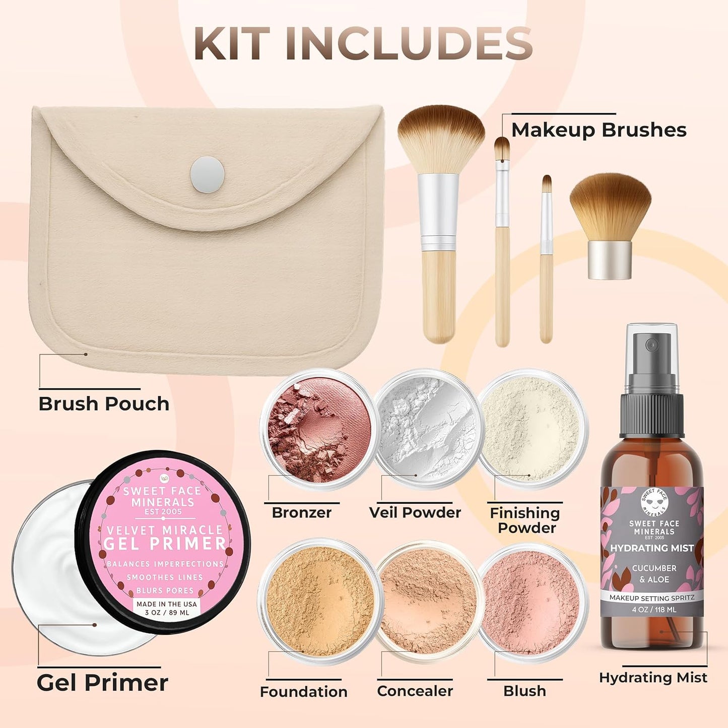 Flawless Complexion KIT (Beige) Full Size Mineral Makeup Set Matte Foundation Bare Face Sheer Powder Cover