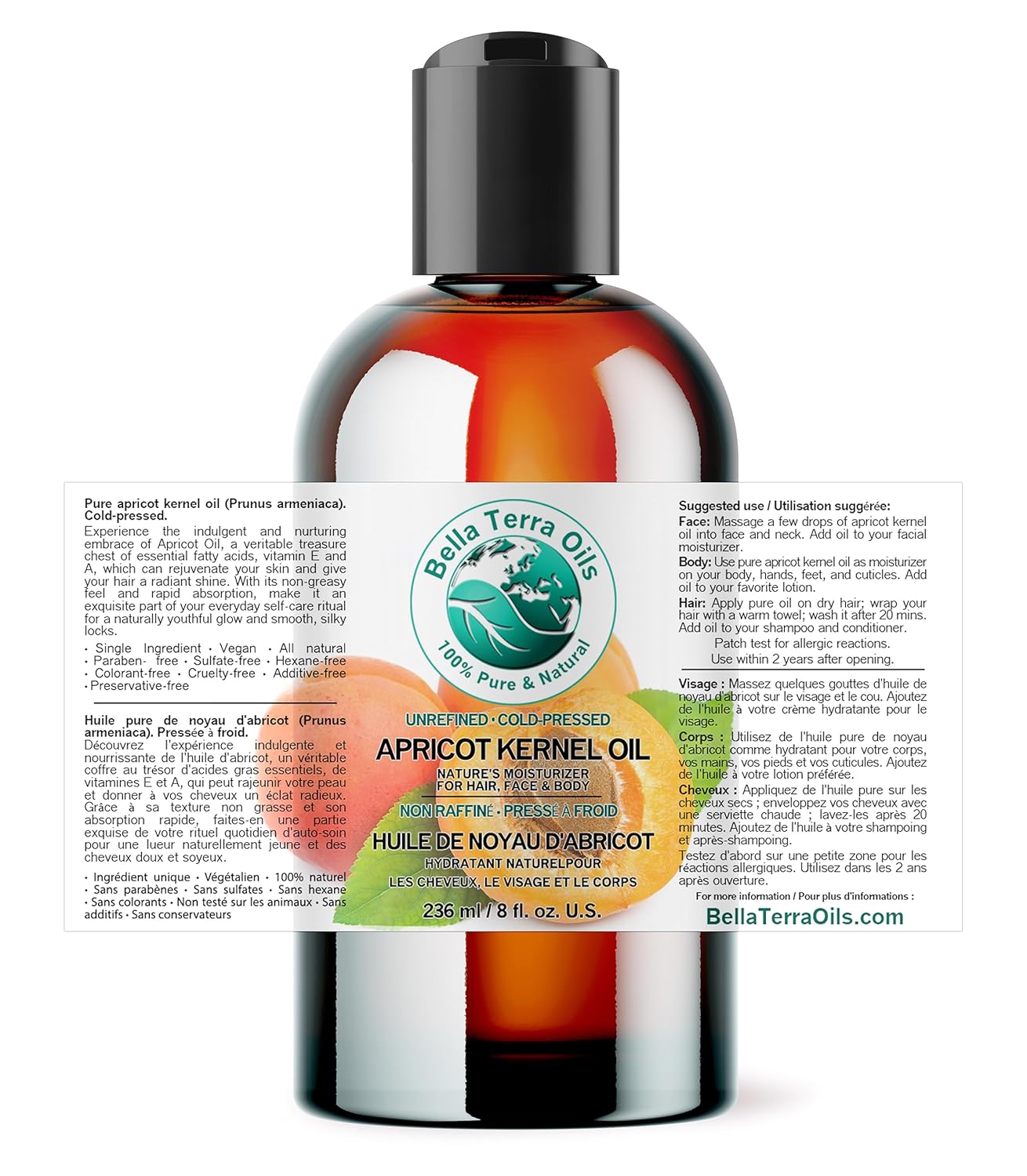 Bella Terra Oils - Organic Apricot Seed Oil 8 oz - Embrace the Bitter Organic Apricot Kernels Richness, Vitamin-Enriched, Perfect for Soothing & Moisturizing Skin