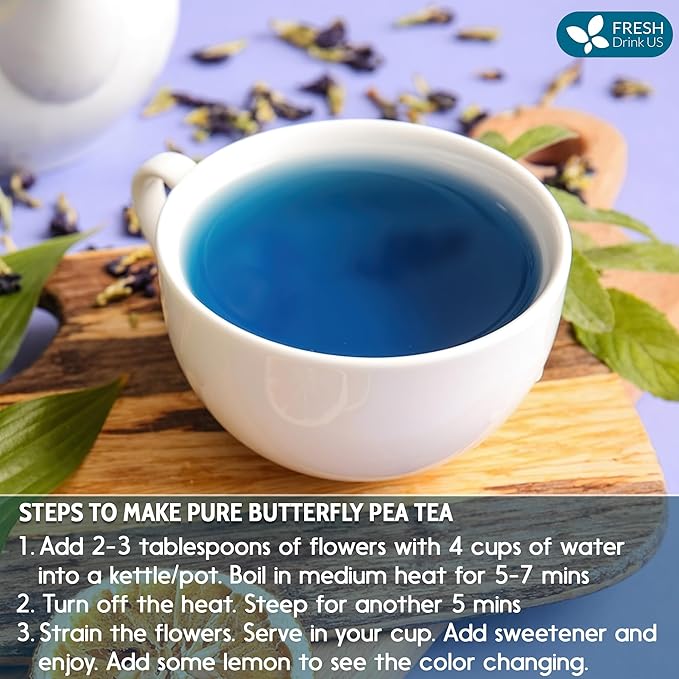 FreshDrinkUS, Premium 1010+ Butterfly Pea Flowers, 100% Natural & Pure from Whole Blue Butterfly Pea Flowers, Wildcrafted, Dried Blue Butterfly Pea Flowers Herbal Tea, No Gluten, Vegan