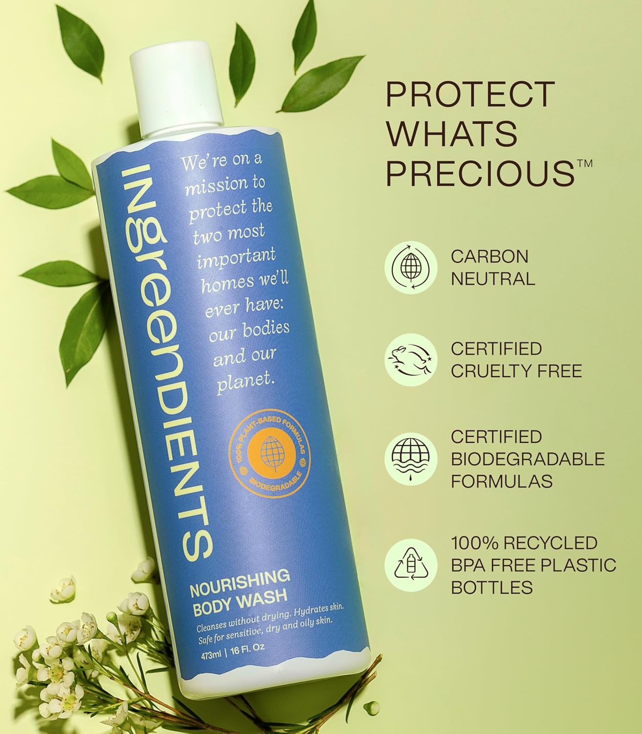 Ingreendients Natural Body Wash With Organic Ingredients - Moisturizing For Dry and Sensitive Skin, Vegan, Cruelty Free, Sulfate Free, Betaine Free (2 x 16 FL. Oz)