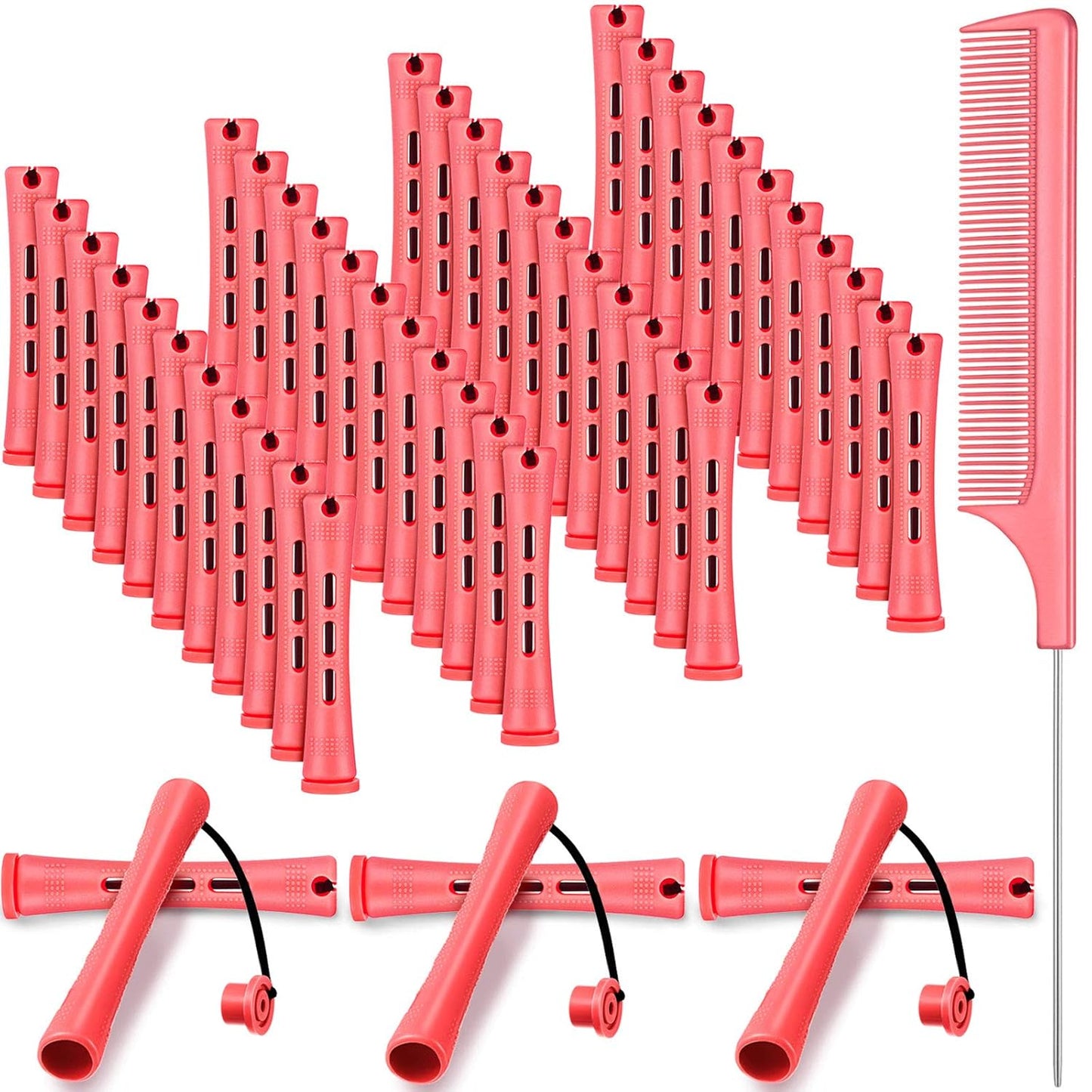 48 Pieces Hair Perm Rods Short Cold Wave Rods Plastic Perming Irons Hair Curling Rollers Curlers with Steel Pintail Comb Rat Tail Comb for Hairdressing Styling Supplies(0.51 Inch,Pink)