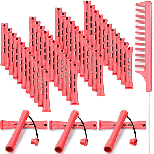 48 Pieces Hair Perm Rods Short Cold Wave Rods Plastic Perming Irons Hair Curling Rollers Curlers with Steel Pintail Comb Rat Tail Comb for Hairdressing Styling Supplies(0.51 Inch,Pink)