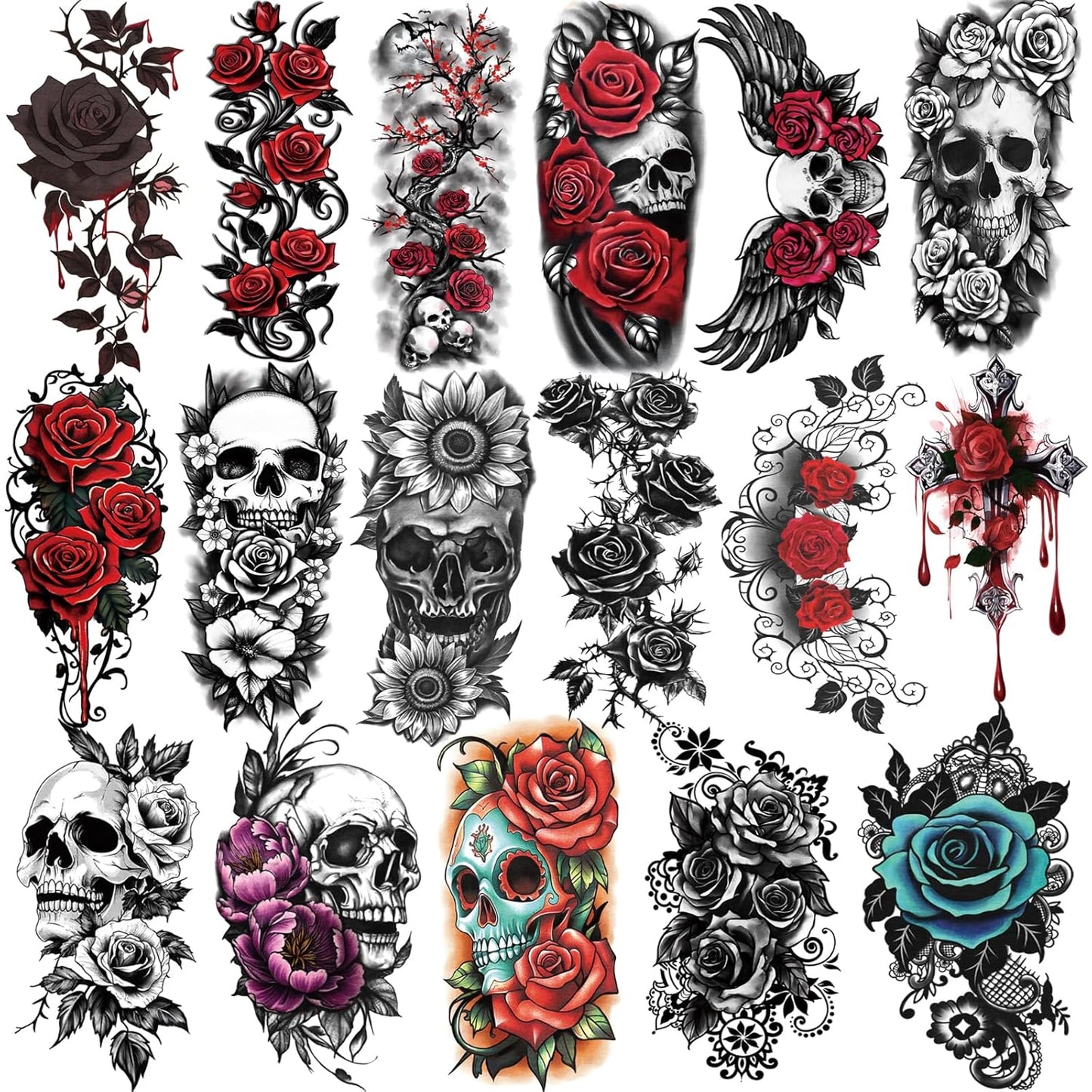 77 Sheets Flower Temporary Tattoo, 17 Sheets Half Arm Skull Rose Sunflower Fake Arm Leg Chest Tattoos for Adults Men Women, 60 Sheets Tiny Tattoos Stickers for Boys Girls Kids Party Favors