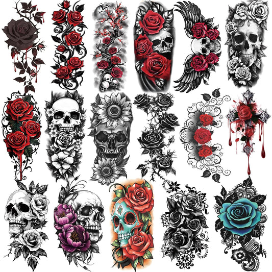 77 Sheets Flower Temporary Tattoo, 17 Sheets Half Arm Skull Rose Sunflower Fake Arm Leg Chest Tattoos for Adults Men Women, 60 Sheets Tiny Tattoos Stickers for Boys Girls Kids Party Favors