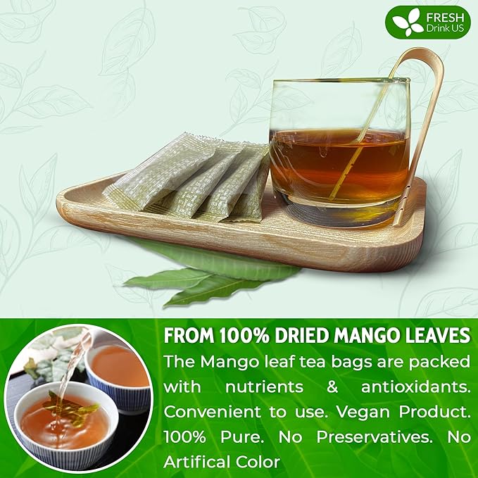 FreshDrinkUS, Premium 40 Mango Leaf Tea Bags, 100% Natural& Pure from Mango Leaves. Loose Leaf Mango Herbal Tea. Mango Leaf Tea. No Sugar, No Caffeine, No Gluten, Vegan.