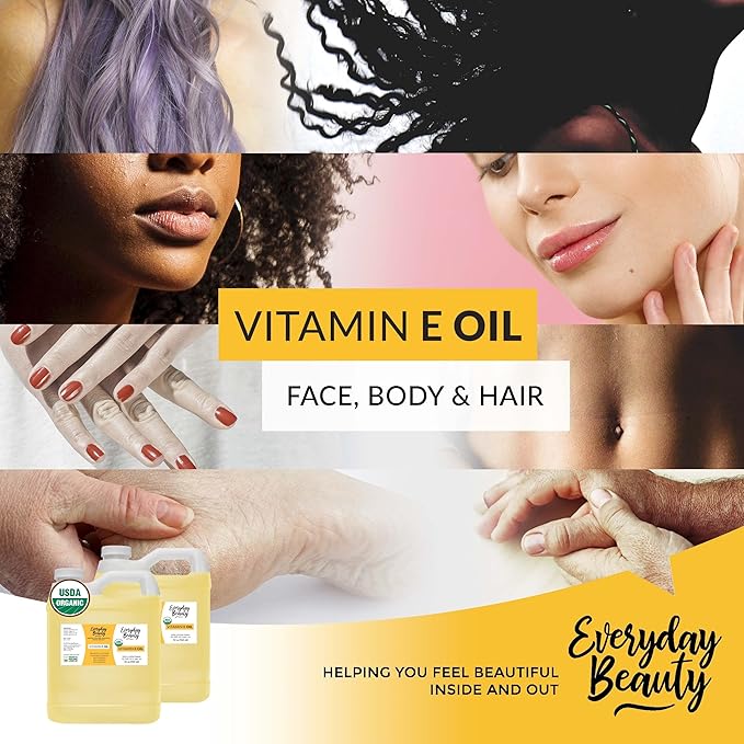 Organic Vitamin E Oil - 64 oz Bulk USDA Certified 100% All Natural & Plant Based - Light and Unscented Great for Scars After Surgery - For Face, Skin, Hair and Nails - Anti-Wrinkle, Anti-Aging