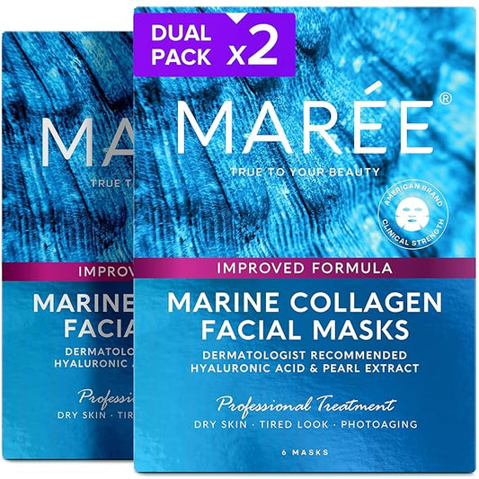 MAREE Collagen Facial Mask with Hyaluronic Acid 2 PACK - Sheet Face Masks Skincare with Green & Red Algae Extract - Hydrating Mascarillas Faciales For Women Skin Care