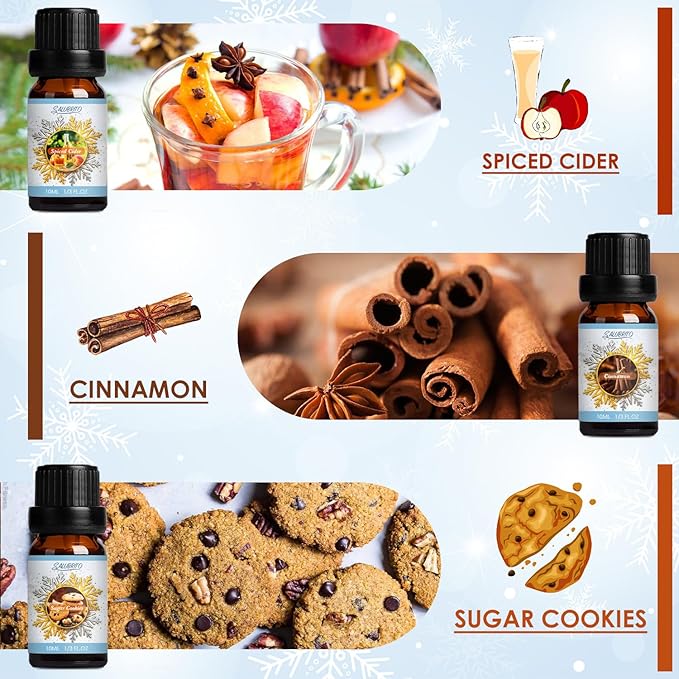 SALUBRITO Winter Fragrance Oils Set, Holiday Essential Oils for Diffuser, Candle, Soap Making - Christmas Tree, Cinnamon, Gingerbread, Candy Cane, Spiced Cider, Sugar Cookies Scented Oil