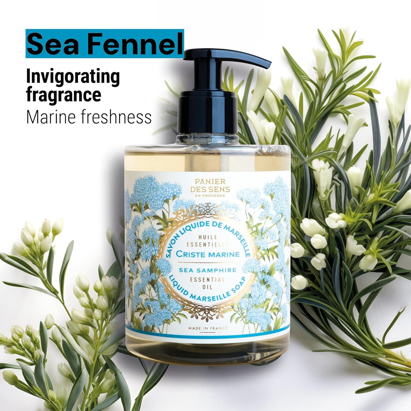 Panier des Sens - Liquid Hand Soap – Sea Samphire Hand Wash - French Marseille Moisturizing Hand Soap with Coconut Oil - Refillable Kitchen & Bathroom Hand Soap - 97% Natural Ingredients -16.9 Fl.oz