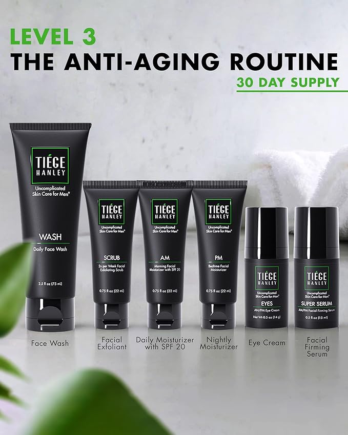 Tiege Hanley Men’s Skin Care Set, Anti-Aging Routine (System Level 3) – Face Wash, Scrub, Moisturizer, Eye Cream & Serum for Wrinkle Defense, Firm Skin & Long-Term Anti-Aging Protection