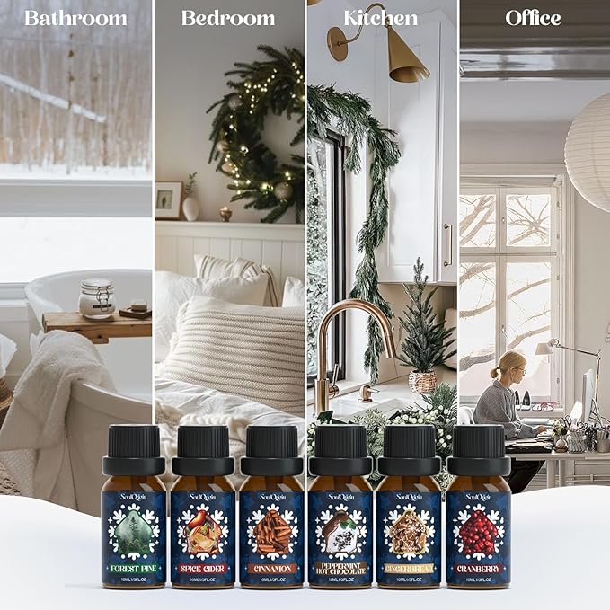 Winter Essential Oils Set, Fragrance Oil Gift Set for Oil Diffusers, Scented Oils for Soap 6x10ml - Forest Pine, Spiced Apple Cider, Cinnamon, Mint Hot Chocolate, Gingerbread, and Cranberry