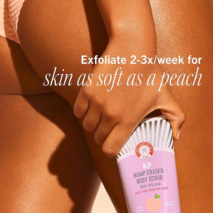 First Aid Beauty - KP Bump Eraser Body Scrub with 10% AHA, Keratosis Pilaris Exfoliator with Glycolic and Lactic acids, Helps Reduce Chicken Skin Bumps, Safe for Sensitive Skin, NEW Peach Scent (2 oz)
