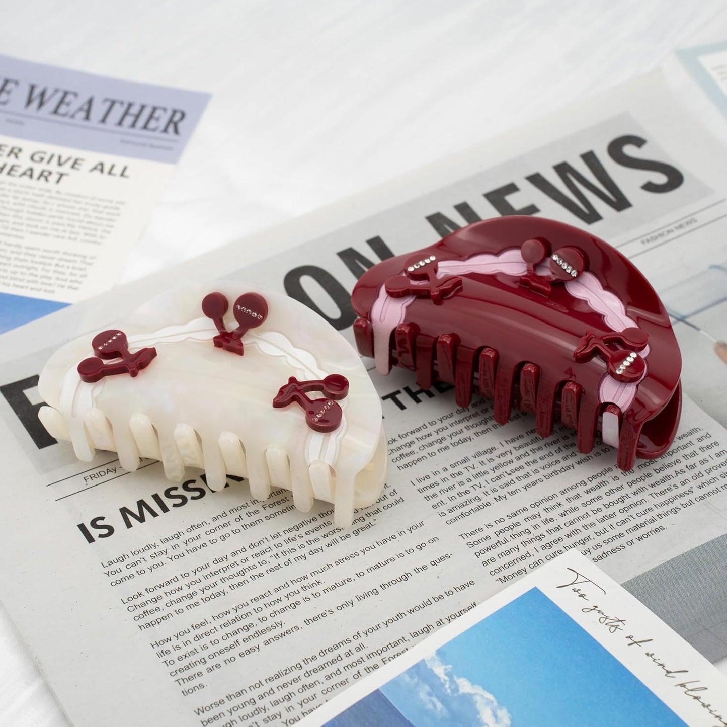 2 Pack Handmade Burgundy & Cream Acetate Claw Clips with Cherry Accents, Cute Cherry Hair Clips for Women, Sturdy Claw Clips for Thick Hair