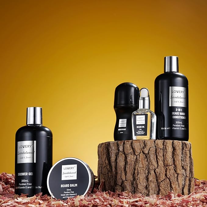 Beard Kit and Body Care Gifts for Men, Sandalwood Spa Gift Baskets, Mens Bath and Beard Grooming Kitf or Him, Unique Birthday Gifts for Him with Beard Balm, Growth Oil, Deodorant and More