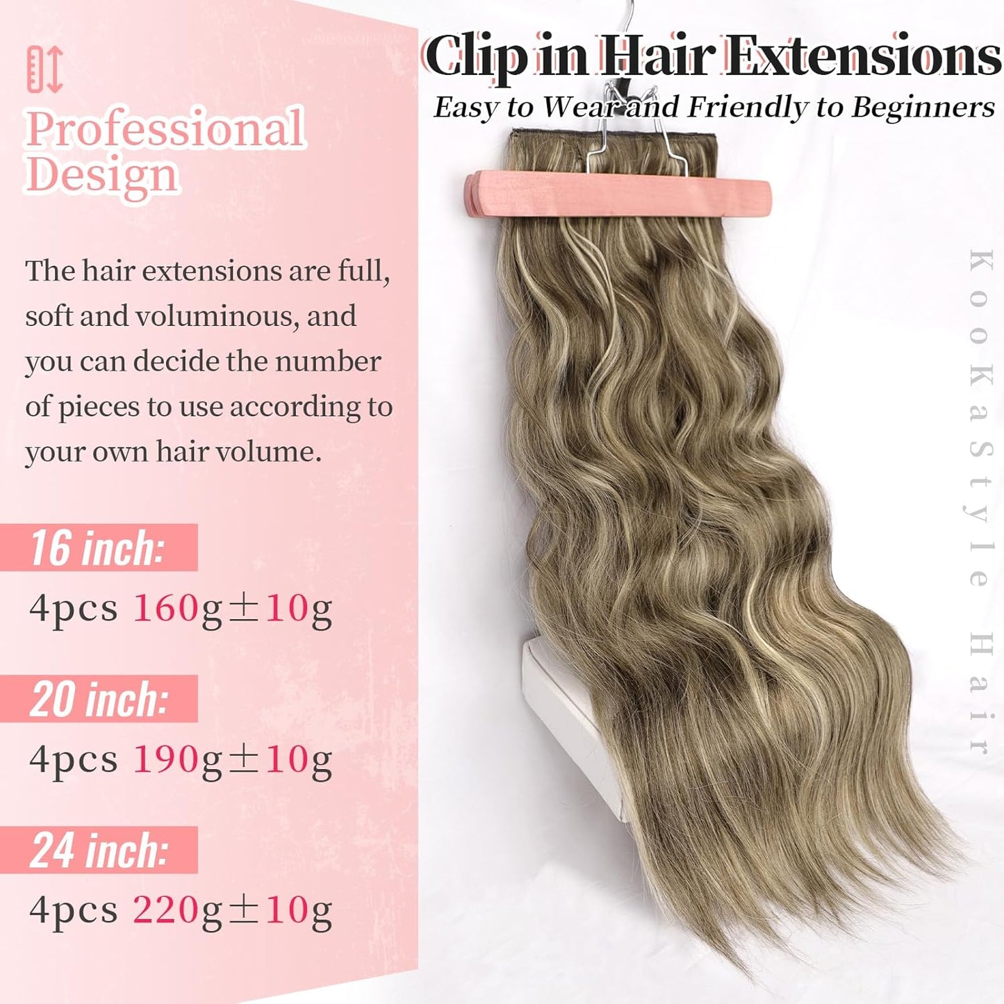 KooKaStyle Clip in Synthetic Highlight Hair Extensions Long Wavy 4PCS Thick Hairpieces Medium Brown Ash Blonde Fiber Double Weft Natural 24 Inch for Women