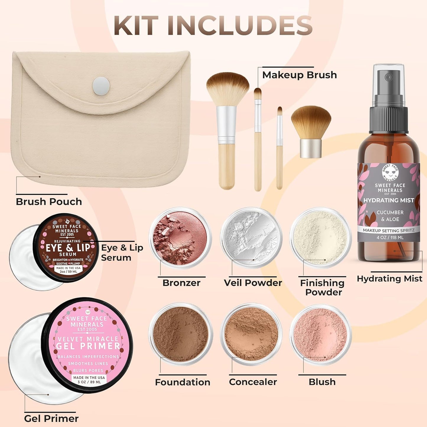 TIMELESS LOOK KIT (BEIGE) Full Size Mineral Makeup Set Matte Foundation Bare Face Sheer Powder Cover