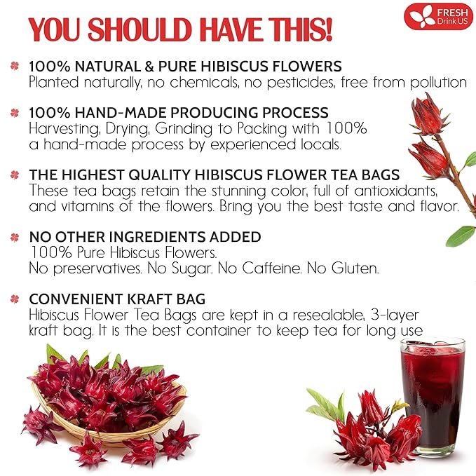 FreshDrinkUS Premium 60 Hibiscus Tea Bags, 100% Natural & Pure. Loose Flower Herbal Tea, No Sugar, Caffeine, Gluten. Vegan.