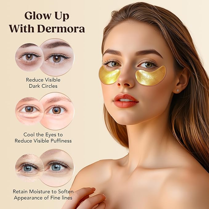 DERMORA Golden Glow Under Eye Patches (15 Pairs Eye Gels) - Rejuvenating Treatment for Dark Circles, Puffy Eyes, Refreshing, Revitalizing, Travel, Wrinkles