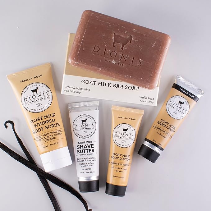 Dionis Goat Milk Skincare Vanilla Bean 6 Piece Self Care Essentials Travel Set - Bar Soap, Shave Butter, Hand Cream, Body Lotion & Whipped Sugar Body Scrub In Resealable Leak Resistant Carrying Case