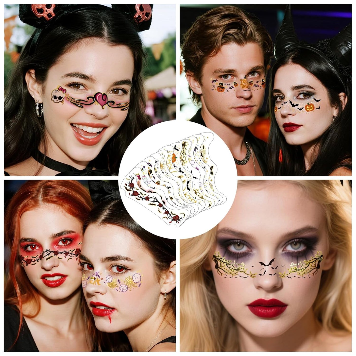 12 Sheets Halloween Face Temporary Tattoo, Ghost Skull Witch Bat Spider Pumpkin Rose Waterproof Fake Tattoos Face Makeup Freckles Patches For Women Girls Halloween Festival Party Supply