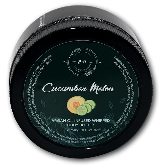 Whipped Argan Oil Body Butter for Dry Skin, Anti-Aging Body Cream Made for Women - Natural Skin Care, 8 OZ (Cucumber Melon)