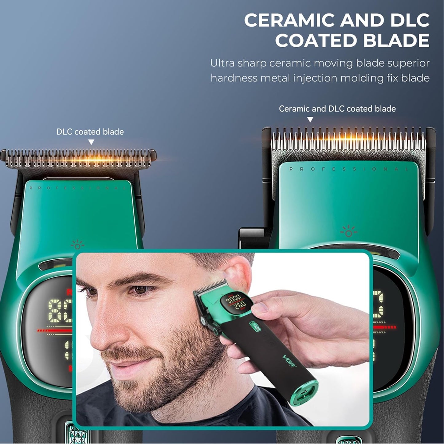 VGR 885 S2 Cordless Barber Clippers and Trimmers Kit, Professional Hair Clippers for Men, Haircut Kit with DLC-Coated Ceramic Blades, 21-Speed Roller, 2 Magnetic Charging Bases, LED Display, Green