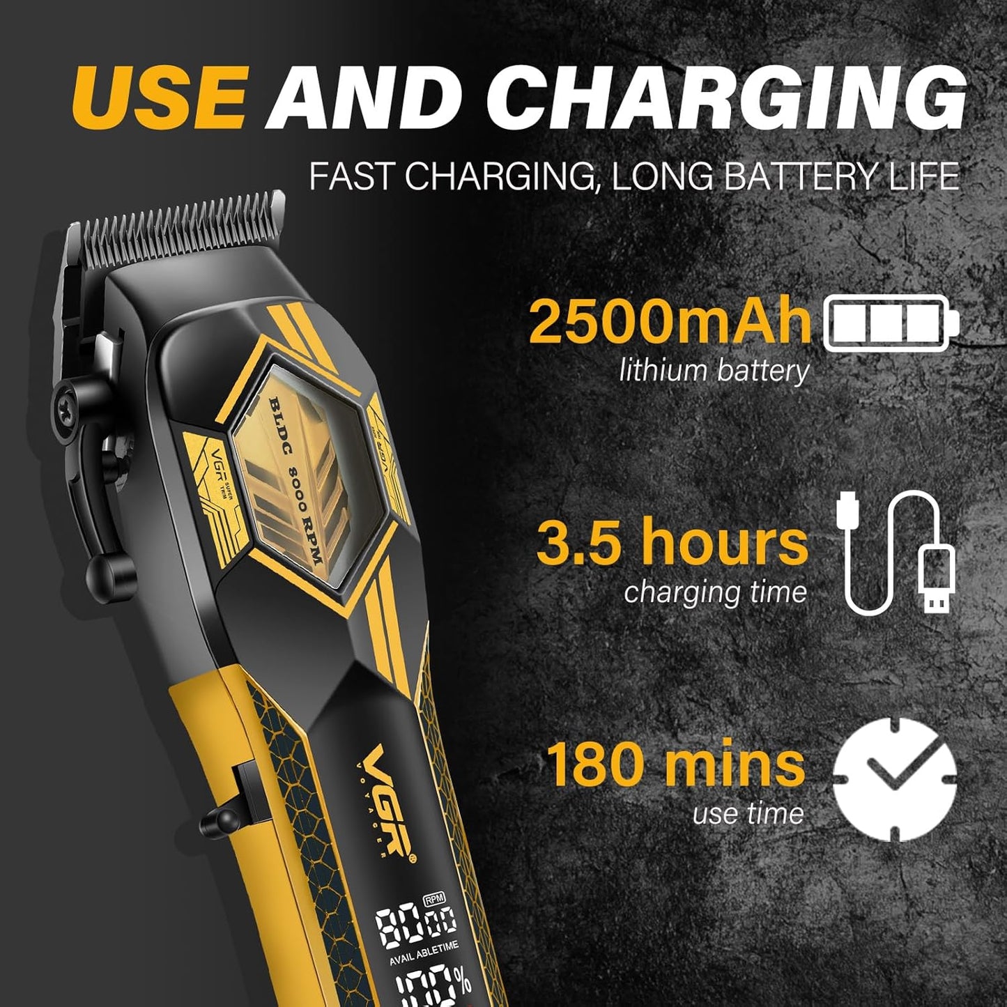 VGR 119 Professional Cordless Hair Clippers for Men, Rechargeable Barber Clippers with Base, Lithium-ion Battery Hair Cutting Machine with BLDC Motor and Ceramic Blades for Home and Barber, Gold