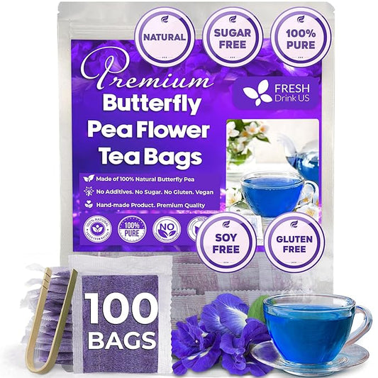 FreshDrinkUS, Premium 100 Blue Butterfly Pea Flowers Tea Bags, 100% Natural and Pure from Butterfly Pea Flowers, Made With Natural Material Tea Bag, No Sugar, No Caffeine, No Gluten, Vegan