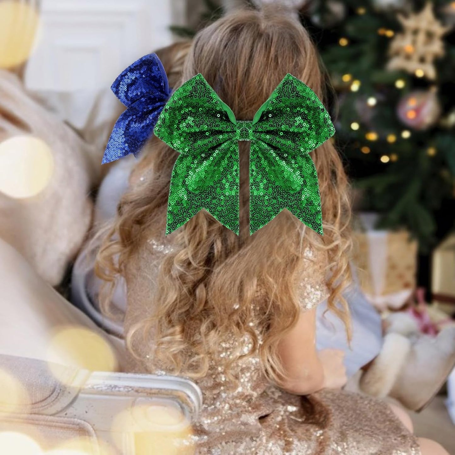 Large Glitter Cheer Bows Clips, Jumbo Big 7 Inch Cheerleading Sequin Hair Bow Hair Accessories for Teens Girls Football Sports Cheerleader Outfit Uniform (Green)