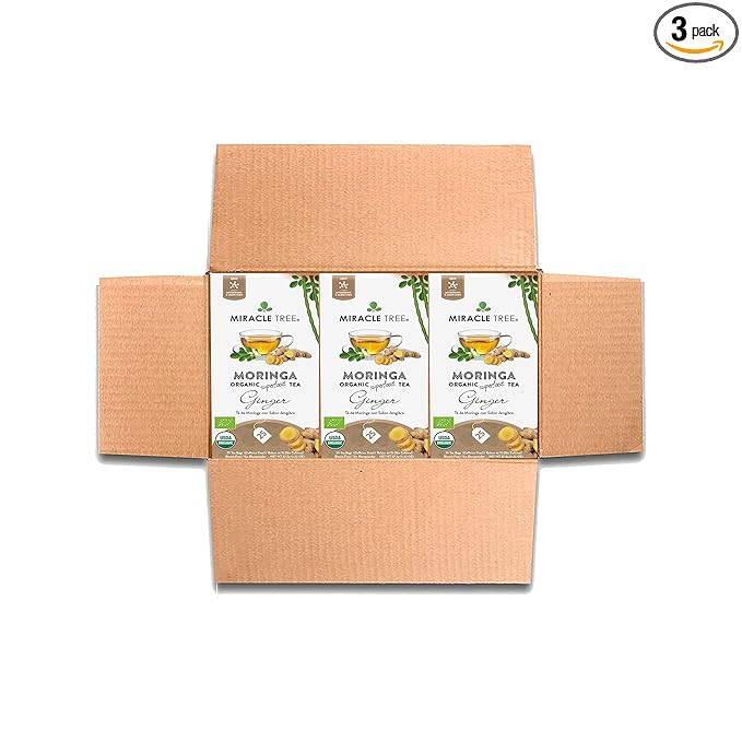 Miracle Tree - 3 Count of Organic Moringa Superfood Tea, 25 Individually Sealed Tea Bags, Ginger (Keto, Detox, Energy/Immunity Booster, Vegan, Gluten-Free, Organic, Non-GMO, Caffeine-Free)