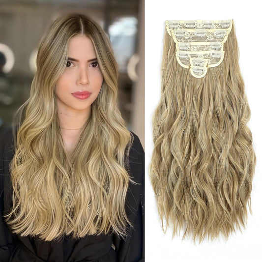 Clip in Hair Extensions, 6 PCS Natural & Soft Hair & Blends Well Hair Extensions, Long Wavy Hairpieces(24inch, 6pcs,Mixed Dirty Blonde)
