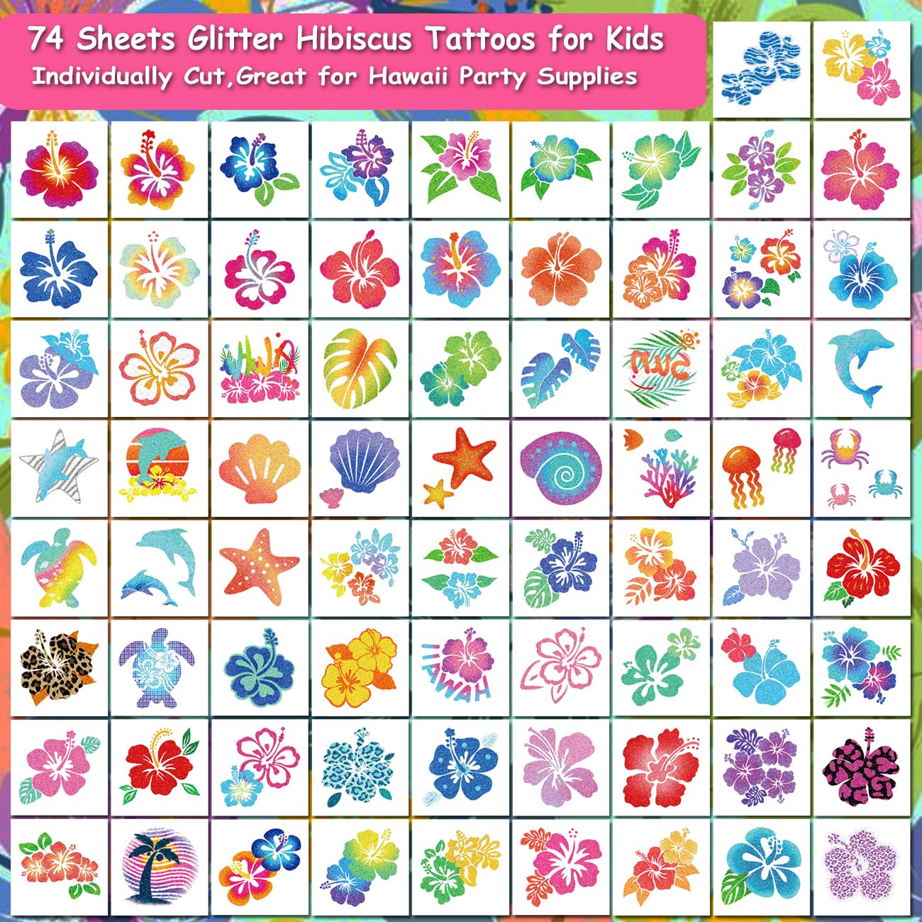 Glitter Hibiscus Temporary Tattoos for Aloha Party Decoration - 74 Individually Sheets Glitter Hawaii Flower Tattoos for Kids Women Hawaiian Party Favors