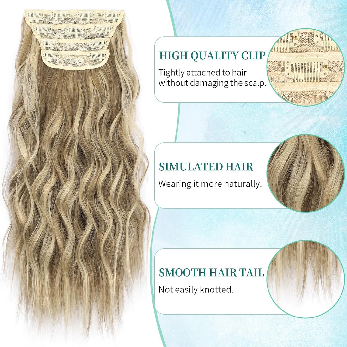 KooKaStyle Clip in Synthetic Hair Extensions Long Wavy 4PCS Thick Hairpieces Light Brown mix Golden Blonde Fiber Double Weft Natural Hair Extensions 20 Inch for Women