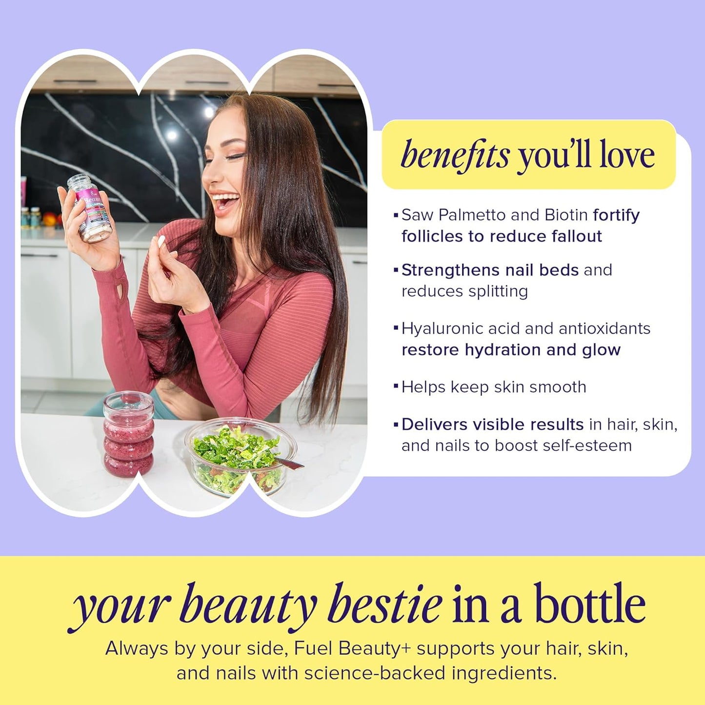 Fuel Beauty+ 24-in-1 Hair, Skin & Nails Vitamins for Women – 5000mcg Biotin, Hyaluronic Acid & Saw Palmetto – Daily Multivitamin for Hair Growth, Nail Strength & Skin Glow – 60 Capsules